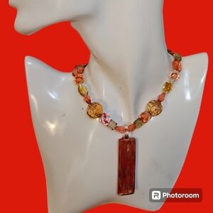 HANDMADE Orange Dichroic Glass Pendant Beaded Necklace